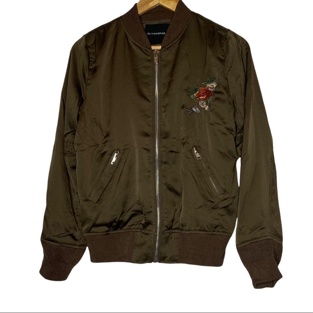 Olivaceous Brown Satin Bomber Jacket Embroidered women's size Small